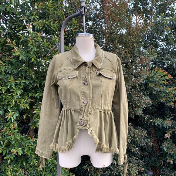 Free People Willow Cotton Denim Khaki Ruffled Jacket Women’s XS - Picture 3 of 10